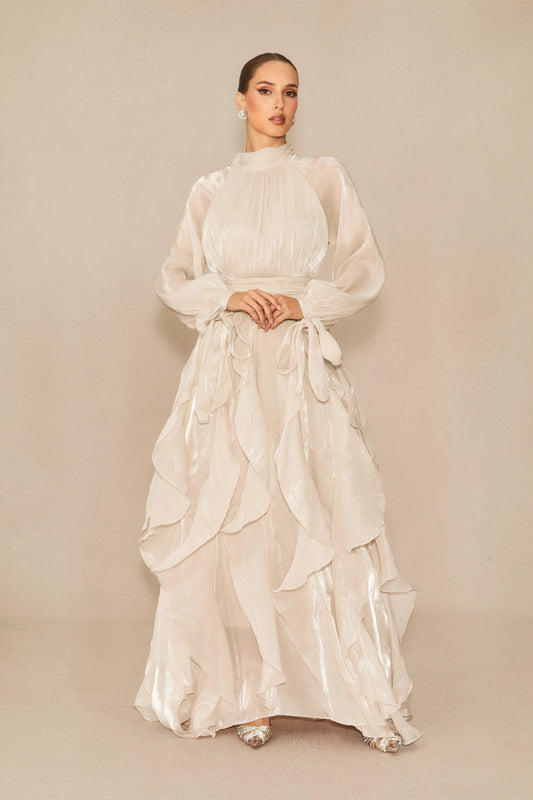 Estella Puff Sleeve Ruffle Trim Maxi Dress
