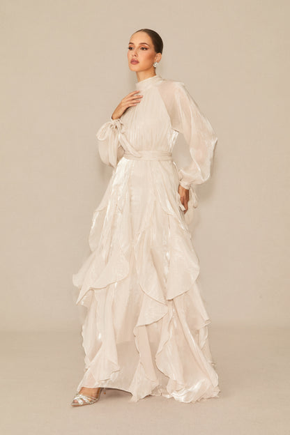 Estella Puff Sleeve Ruffle Trim Maxi Dress