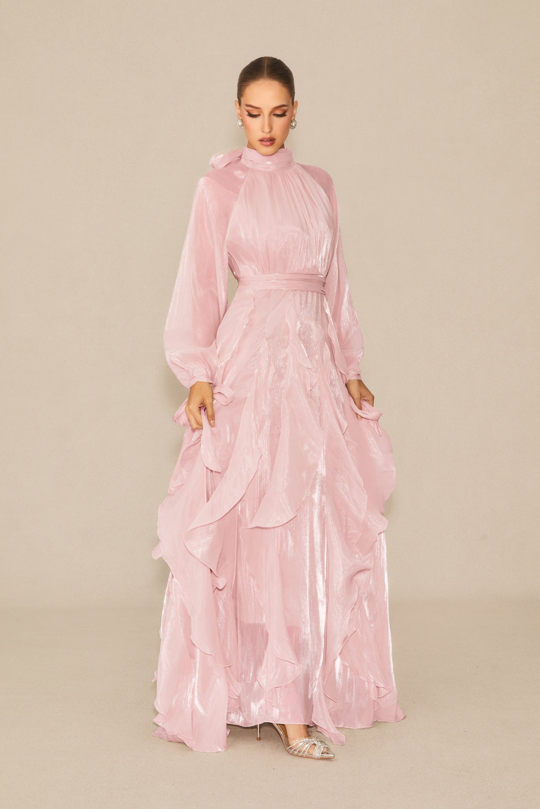 helsa ivory satin ruffled rosette puff sleeve maxi dress De La Vali Nema Ruffle Rosette Silk Satin Maxi Dress