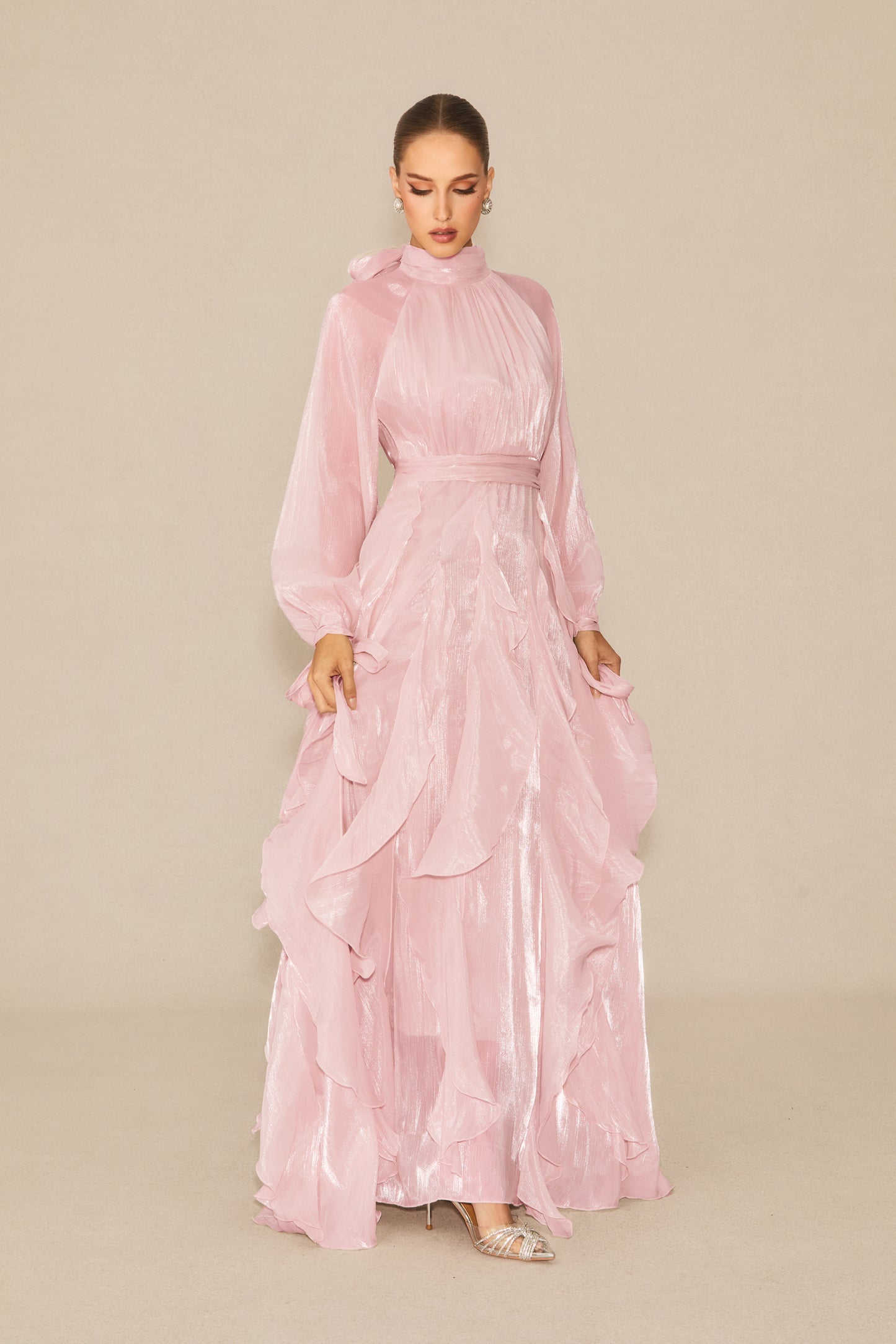 Estella Puff Sleeve Ruffle Trim Maxi Dress