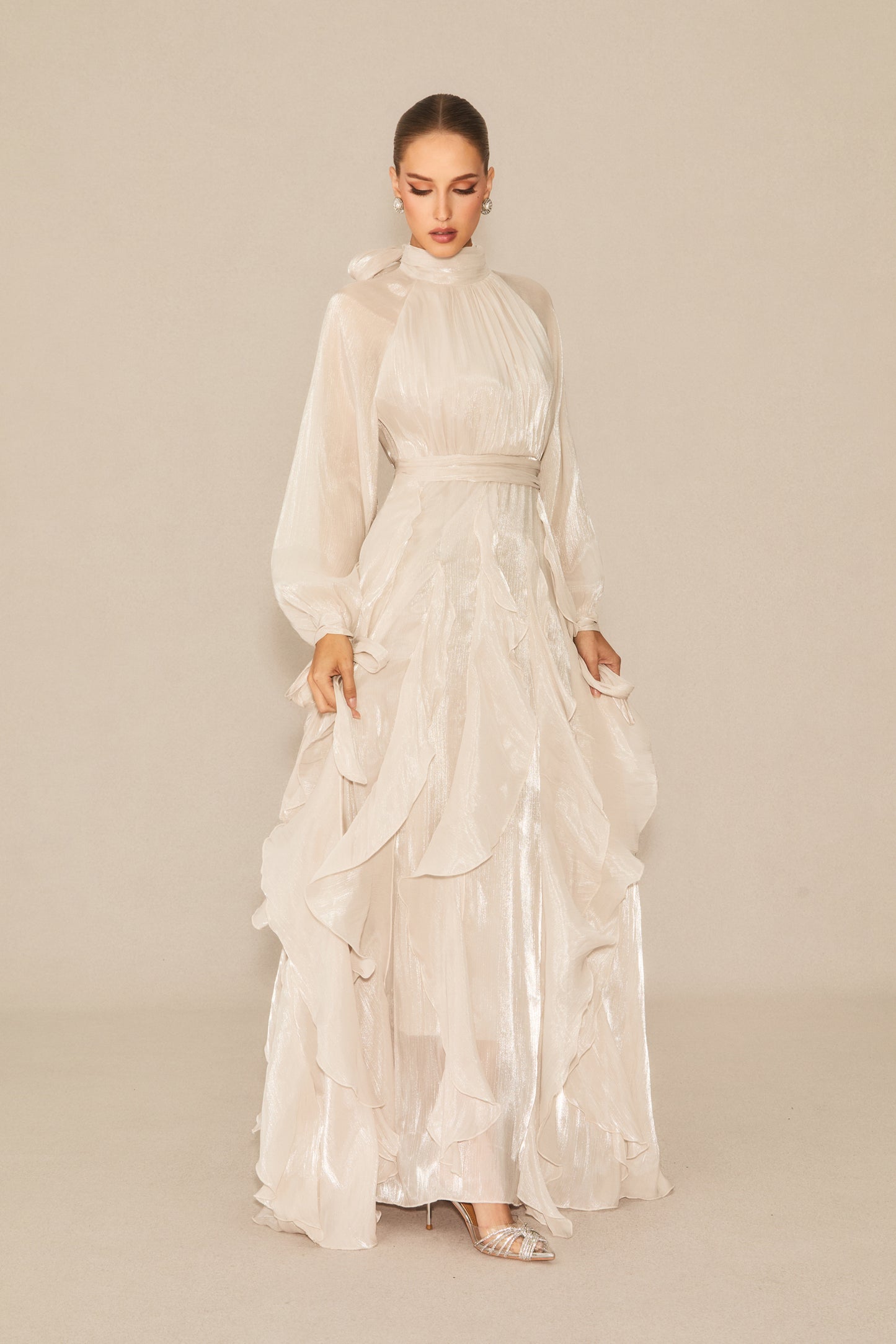 Estella Puff Sleeve Ruffle Trim Maxi Dress