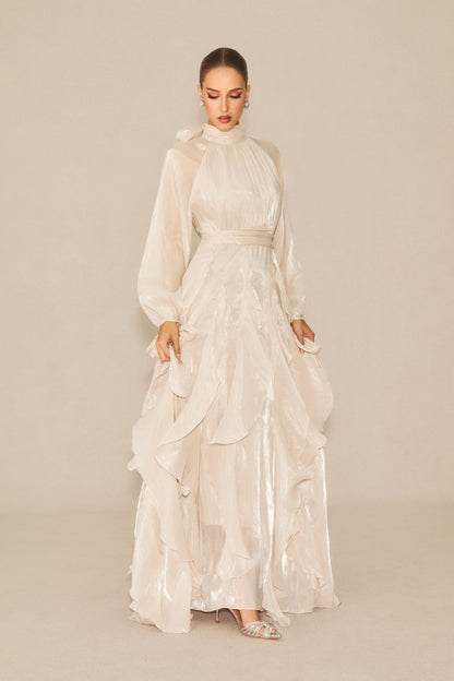 Estella Puff Sleeve Ruffle Trim Maxi Dress