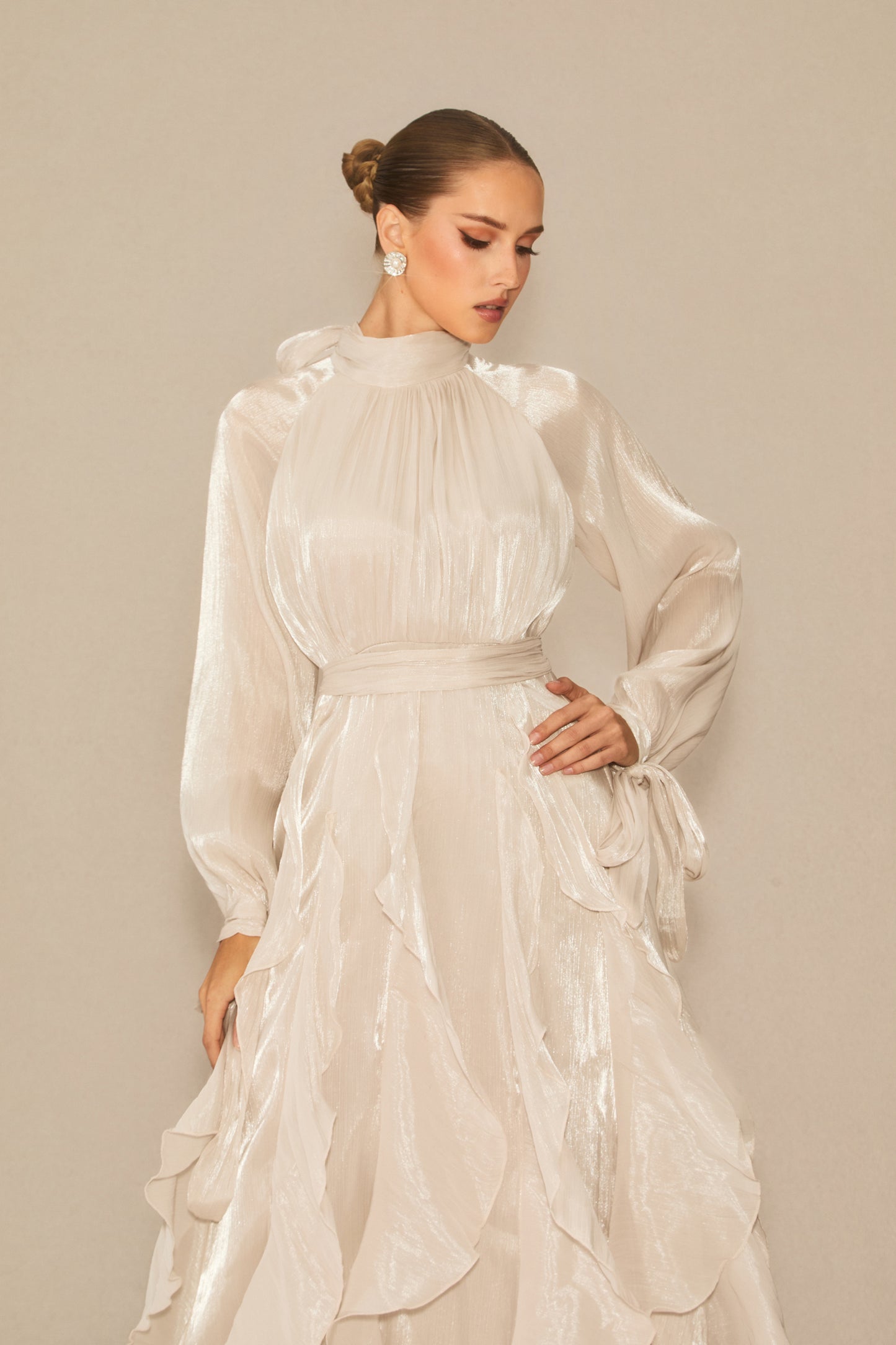 Estella Puff Sleeve Ruffle Trim Maxi Dress