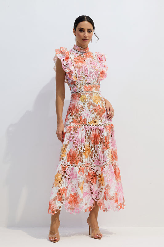 Hilda Print Lace Embroidered Maxi Dress