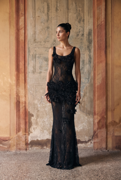 Midnight Desire Black Sheer Lace Floral Applique Maxi Dress