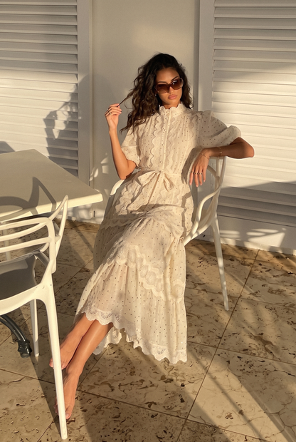 Momentous Love Beige Lace Trim Polka Dot Maxi Dress