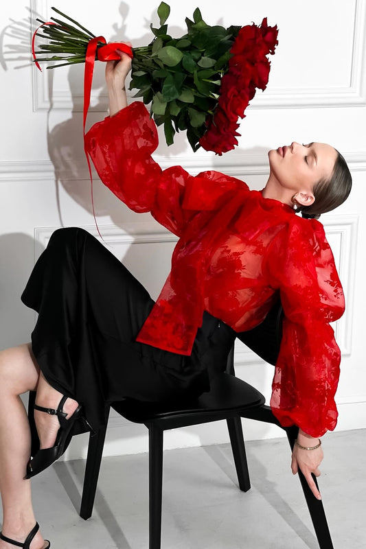 Hulda Lace Bow Tie Lantern Sleeve Blouse