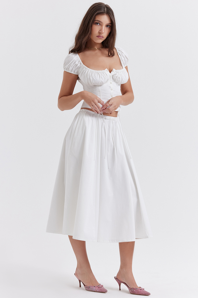 Cora White Gathered Top + Skirt Set