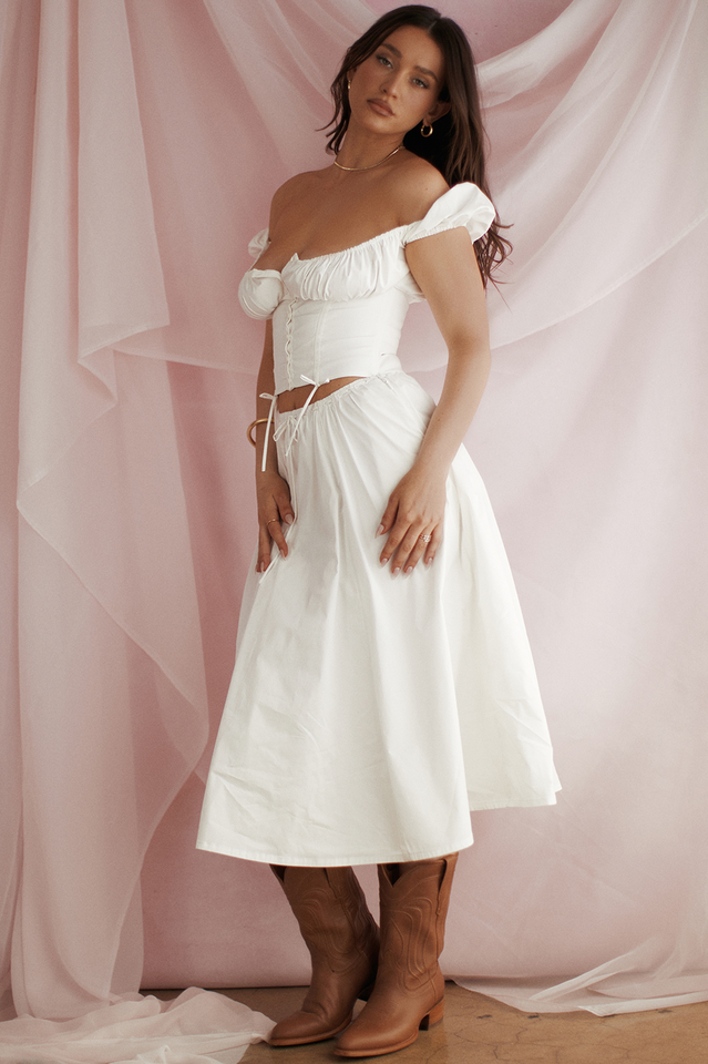 Cora White Gathered Top + Skirt Set