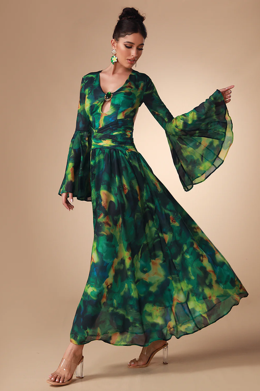 Bell Sleeve Printed Gown