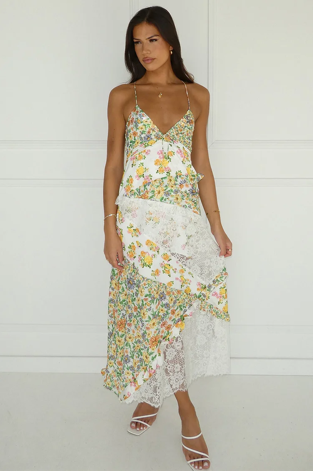 Floral Print Lace Backless Slip Dress