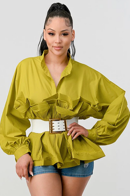 Athina Pleated Ruffle Waist Belt Blouse