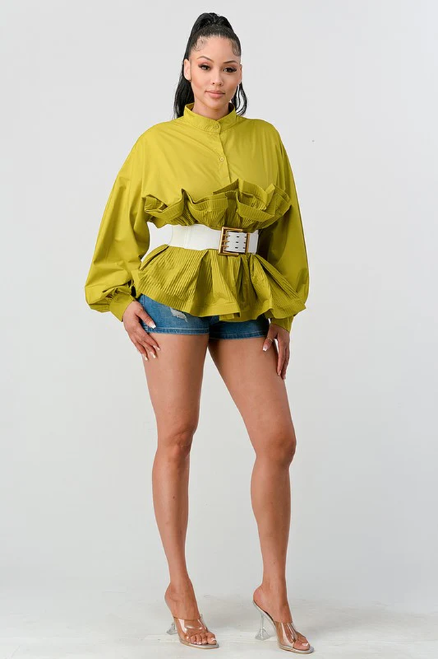 Athina Pleated Ruffle Waist Belt Blouse