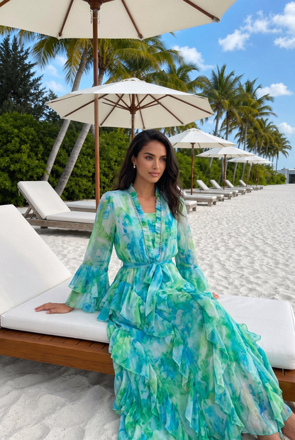 Vibes On Point Mint Green Abstract Print Tiered Ruffle Maxi Dress
