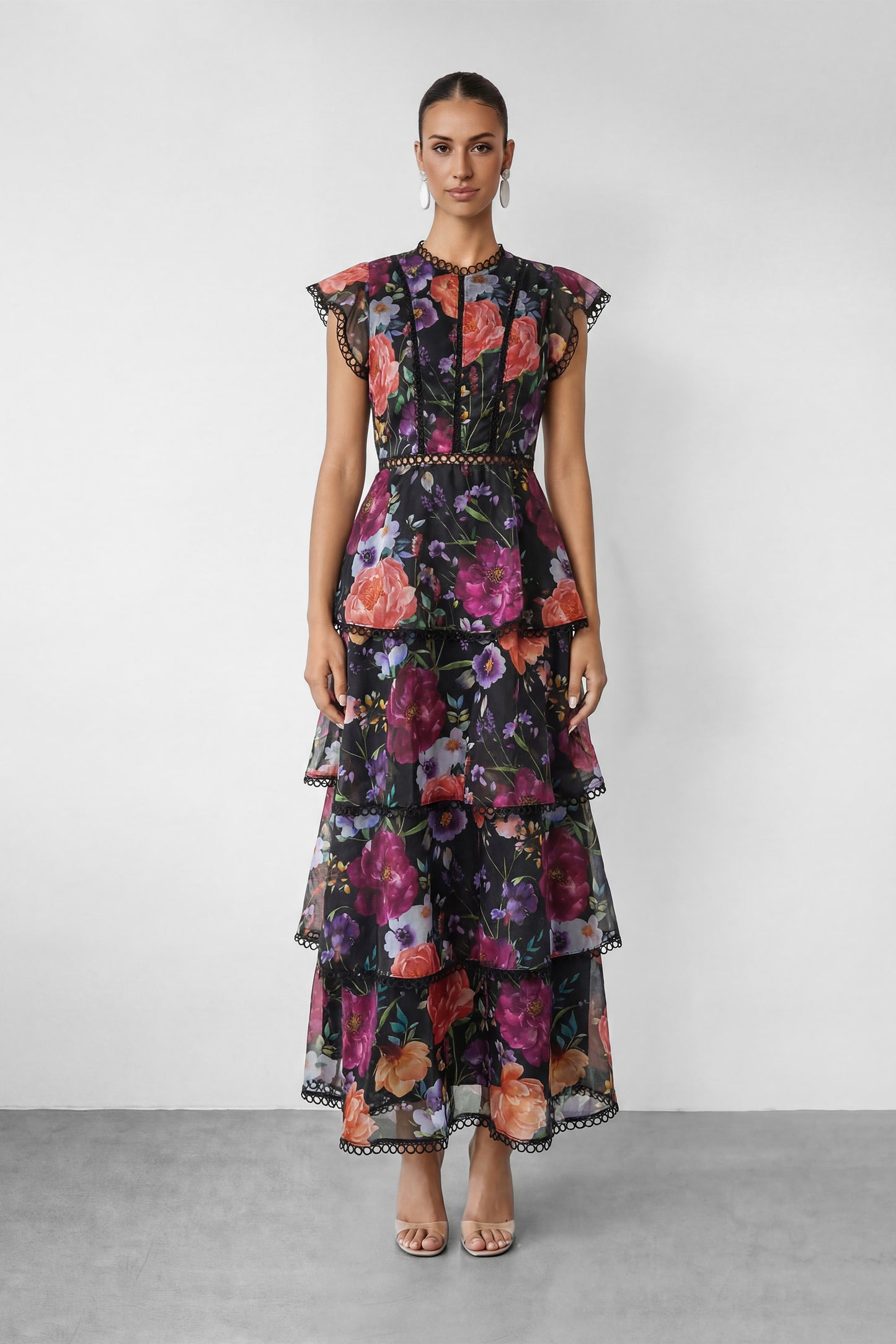 Bloom Dream Black Floral Print Tiered Ruffle Maxi Dress