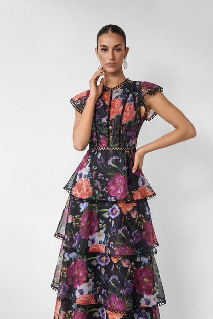 Bloom Dream Black Floral Print Tiered Ruffle Maxi Dress