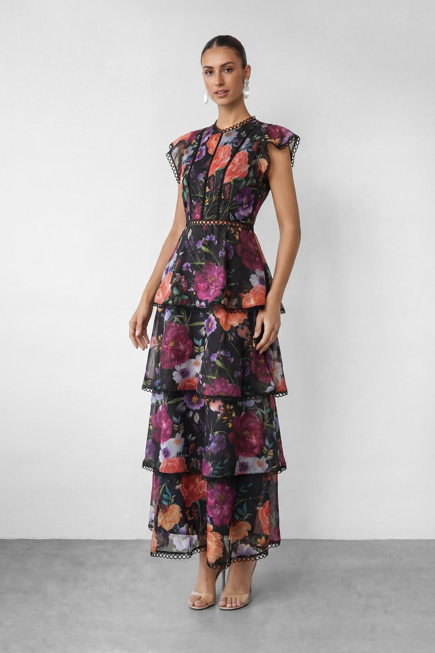 Bloom Dream Black Floral Print Tiered Ruffle Maxi Dress