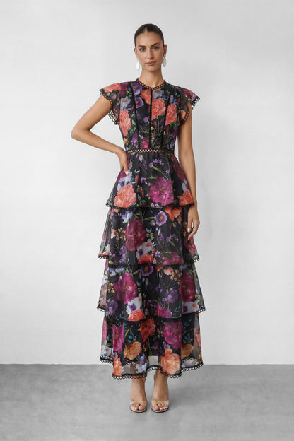 Bloom Dream Black Floral Print Tiered Ruffle Maxi Dress