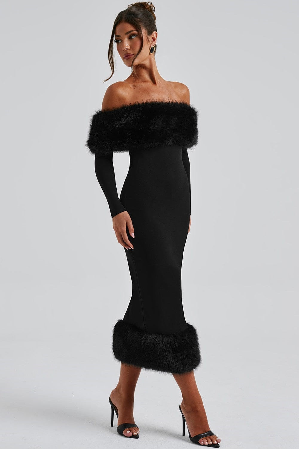 Anna Off Shoulder Faux Fur Trim Midi Dress FOIOR Anna Off Shoulder Faux Fur Trim Midi Dress FOIOR