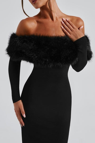 Anna Off Shoulder Faux Fur Trim Midi Dress FOIOR Anna Off Shoulder Faux Fur Trim Midi Dress FOIOR